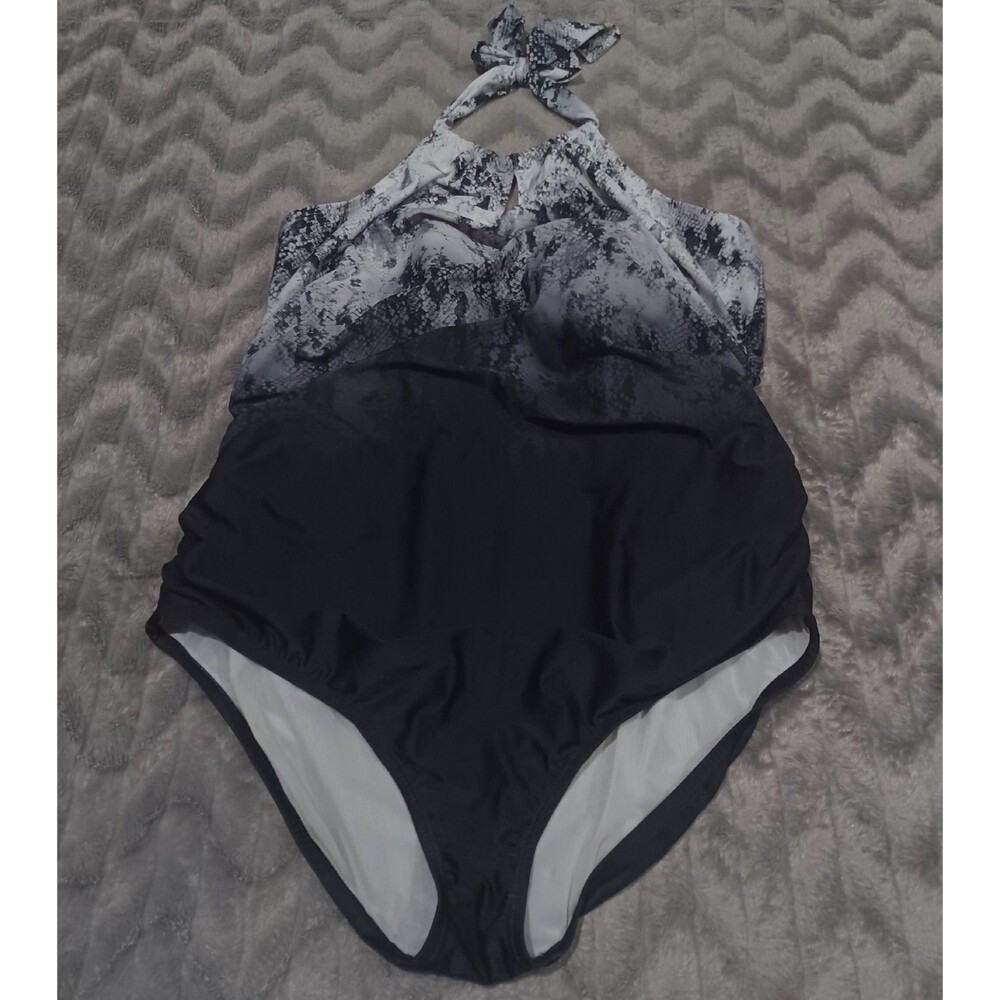 Speedo Womens Size 20 Gray Black Halter Snakeskin Print One Piece Swimsuit